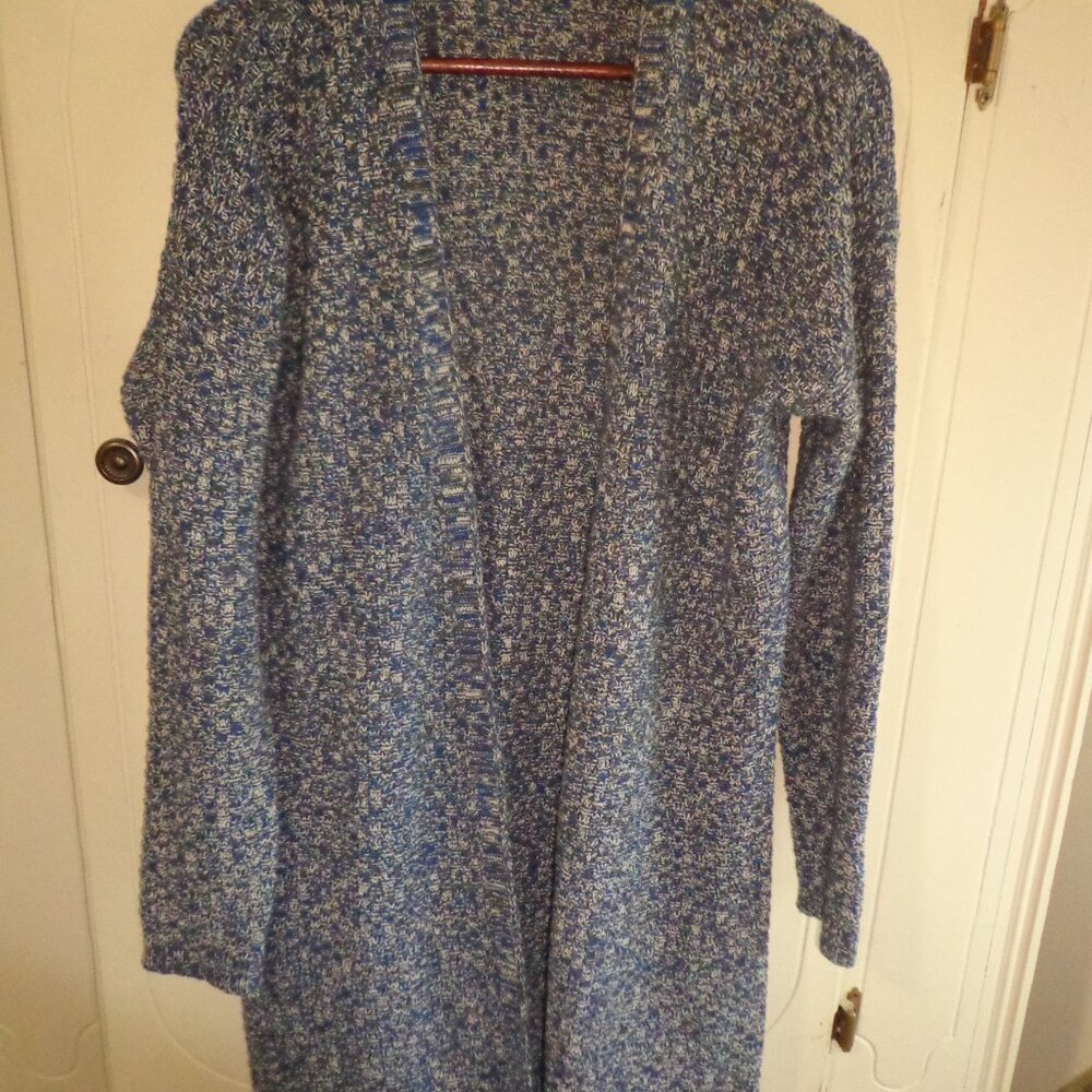 Open Woven Cardigan L Blue/Charcoal/Lt. Grey Long Sleeves Side Slits